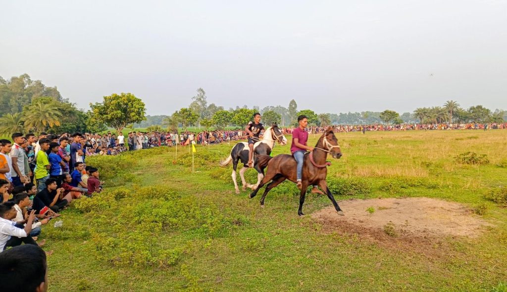 ধামইরহাটে গ্রামবাংলার ঐতিহ্যবাহী ঘোড়দৌড় প্রতিযোগিতা