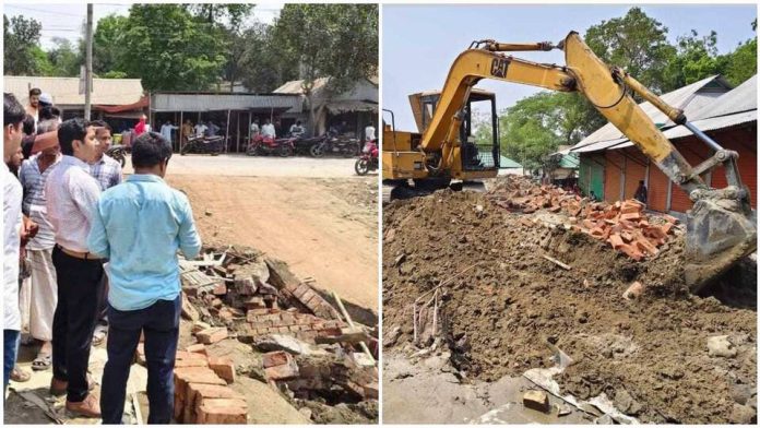 মনোহরদীর হাতিরদীয়া বাজারে অবৈধ স্থাপনা উচ্ছেদ অভিযান